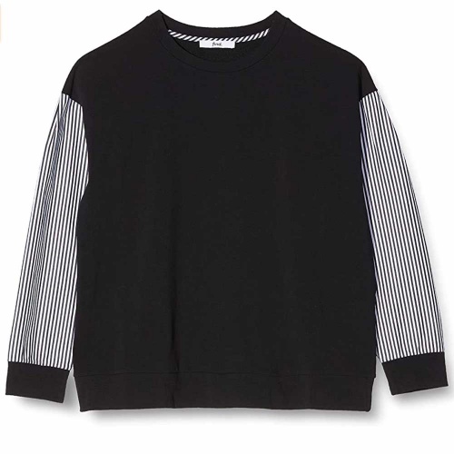 Women's Sweatshirt with Striped Contrast Sleeves - Black - Large