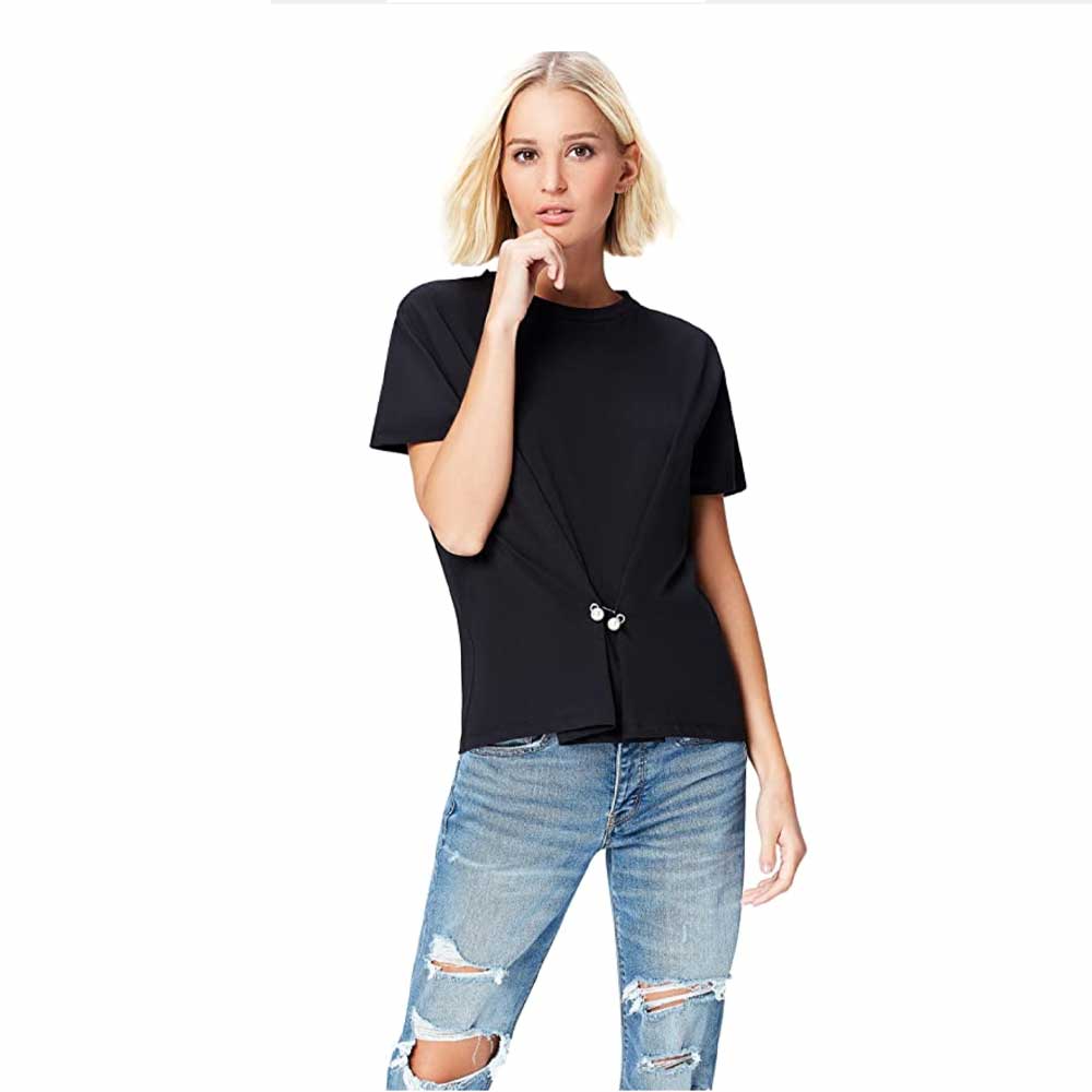Women's T-Shirt with Pearl Ring Gathered Draping - Black - Medium