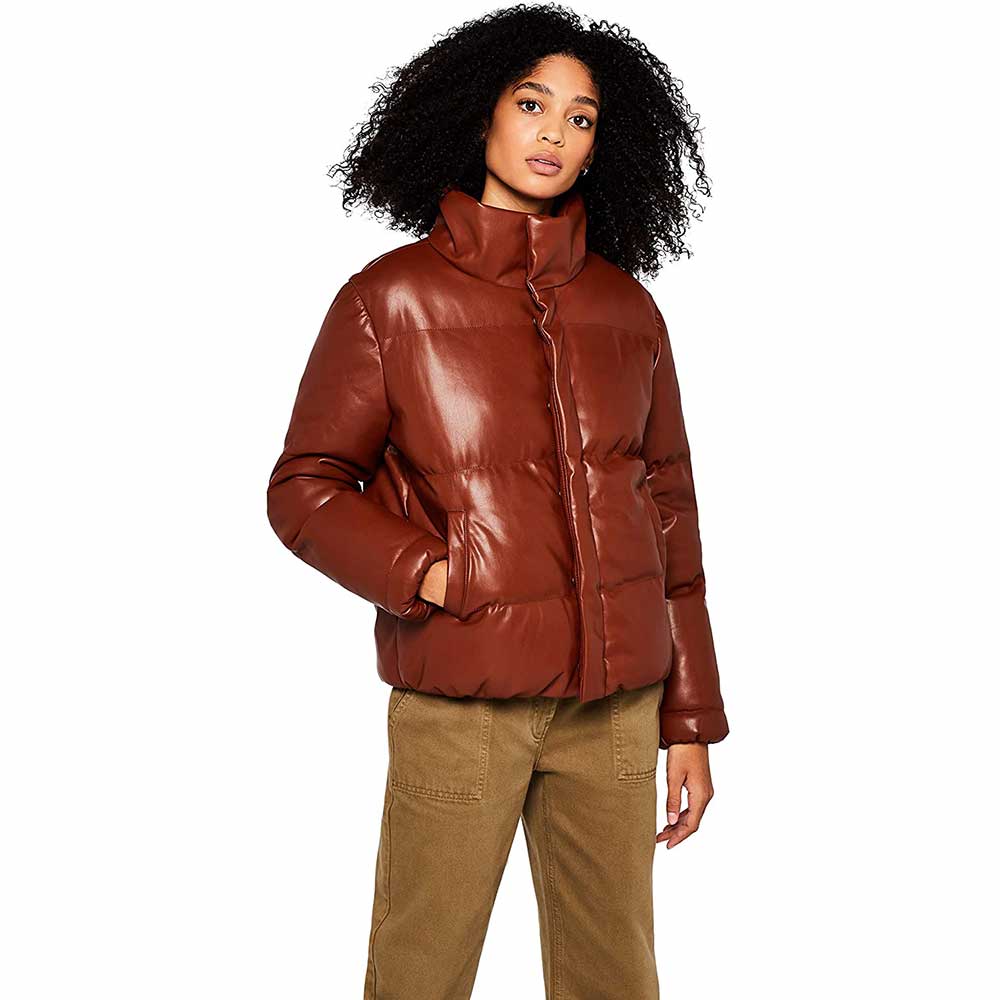 Women's Faux Leather Padded Jacket - Brown - Size 16 (XL)