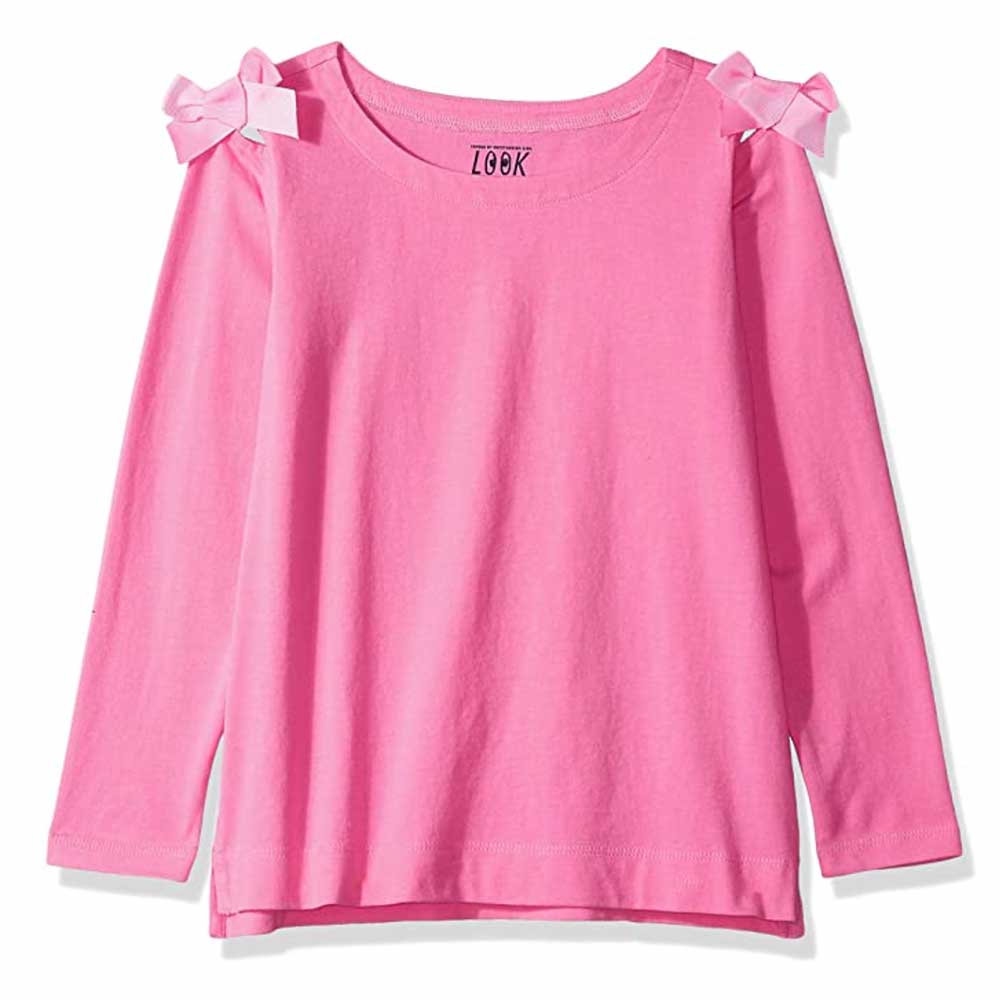 Girls' 3/4 Sleeve Bow Shoulder Top - Pink - 6/7 Years