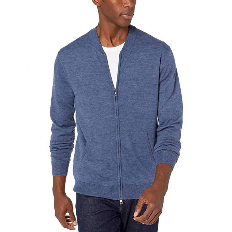 Men's Lightweight Bomber Sweater - Merino Wool/Acrylic - Denim - Extra ...