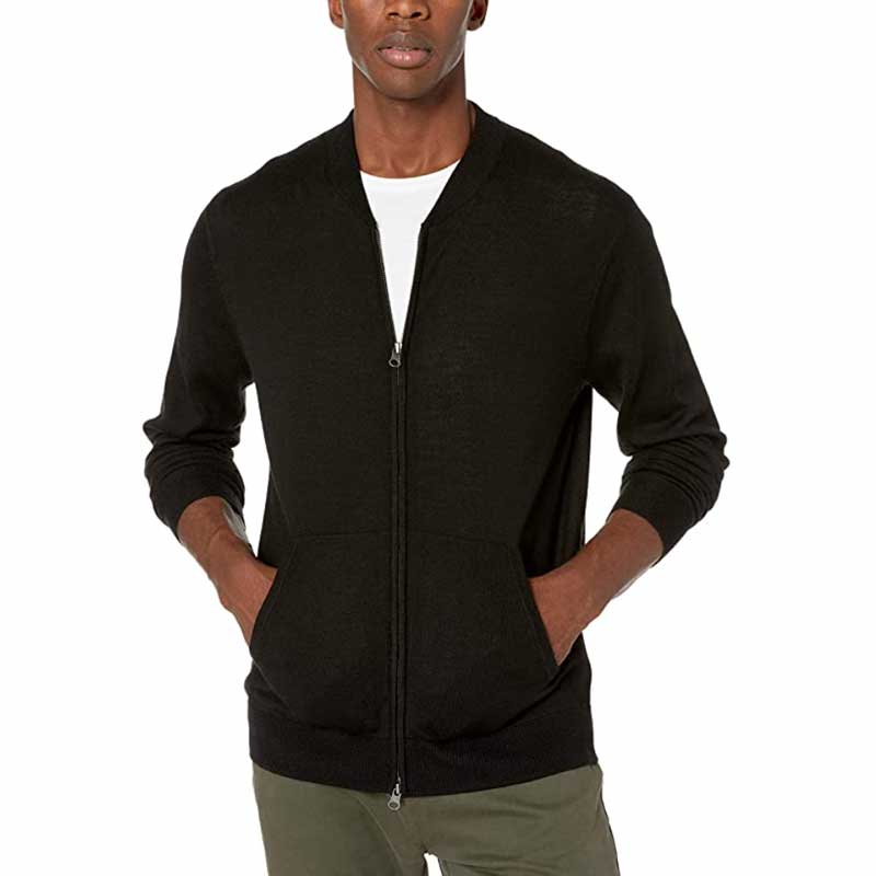 Men's Lightweight Bomber Sweater - Merino Wool/Acrylic - Black - Large